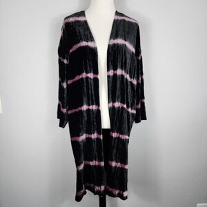 J. Jill Velvet Tie Dye Stripe Open Front Duster Cardigan Black‎ Pink Lined